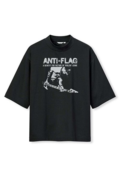 buzagi tasarım ürünleri Anti Flag Digital Print Oversize Black Unisex T-Shirt