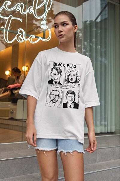 buzagi tasarım ürünleri Black Flag Oversize Unisex White T-Shirt