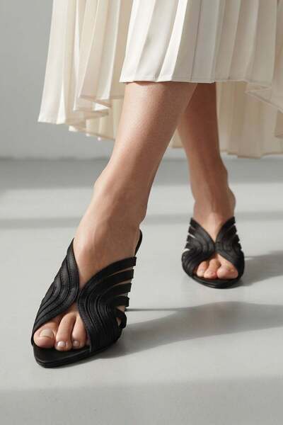 Modezya Carter Black Satin Ankle Strap Pointed Toe Women's Heeled Shoes