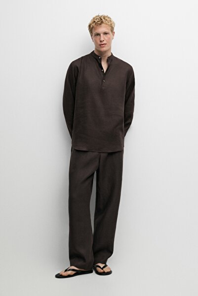 Massimo Dutti %100 keten kazayağı desenli pantolon
