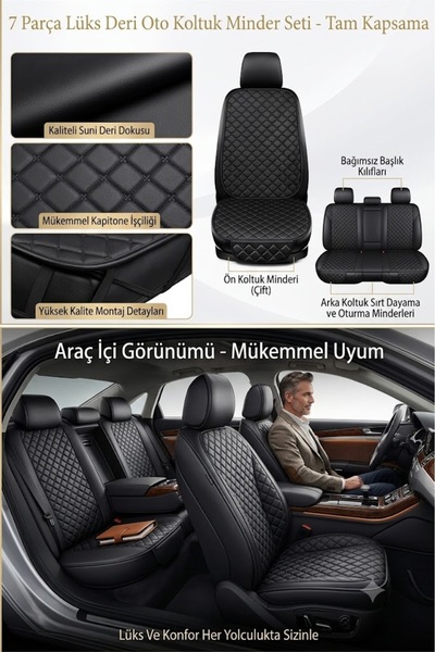 ER-AY OTO TEKSTİL Mitsubishi Lancer Compatible 7-Piece Black Leather Seat Cushion Protector with Seat and Backrest Covers