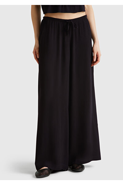United Colors of Benetton Women's Black 100% Viscose Wide Leg Pants with Elas...