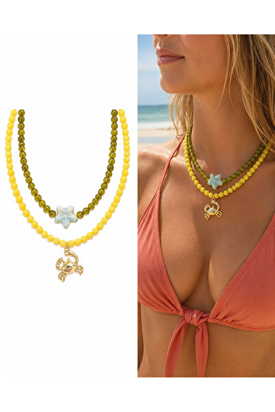 Arsaley Collection Yengeç Ve Yıldız Charm Sarı Yazlık Doğal Taş Boncuk Çoklu ...