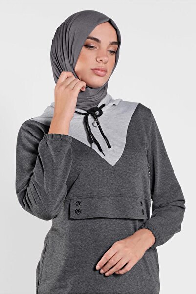 TRENDTESETTÜR KADIN GRİ (ANTRESIT) KAPÜŞONLU BAĞCIKLI SPOR TUNİK 0302