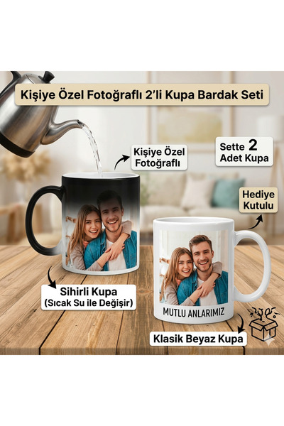 DMNCUPSHOP Kişiye Özel Fotoğraflı 2'li Kupa Bardak Seti - 1 Adet Sihirli Kupa...