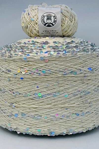 göçer 100Gr Bag Yarn / Knitting Yarn 100% Cotton Color Cream 3Mm+6Mm Silver C...