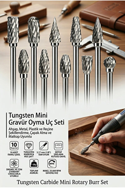 Transformacion 10'lu Mini Gravür Oyma Uç Seti - 3.17 mm Şaft Tungsten- Ahşap,...