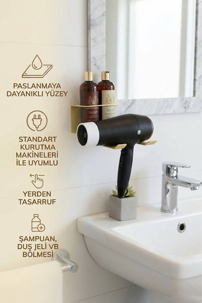 Grandmix Metal Saç Kurutma Makinesi Tutacağı ve Banyo Rafı Fön Makinesi Askıs...