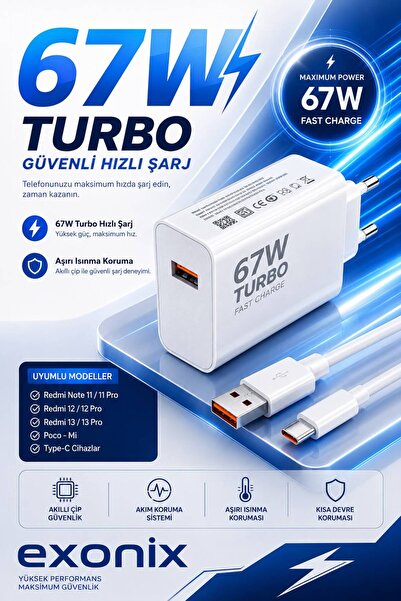 Exonix 67W (WATT) Turbo Hızlı Şarj Adaptör+Kablo(Set) Xiaomi Redmi Note 11/11...