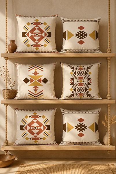 Belle Benoit Set de 6 design etnic bej imprimat cu două fețe, decorativ, față...