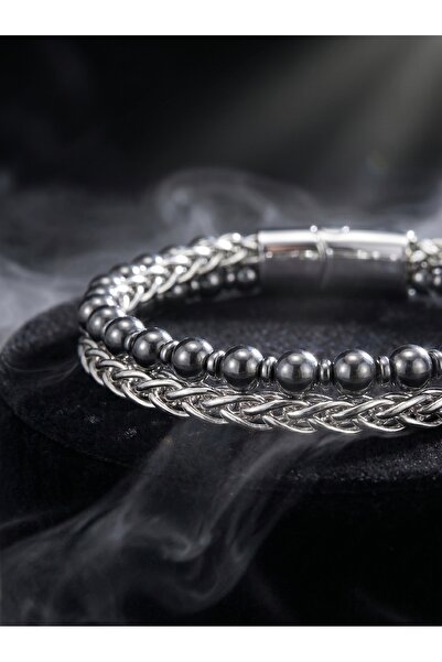 Parmas Design سوار رجالي فاخر من الهيماتيت باللون الفضي مع سلسلة فولاذية 01829