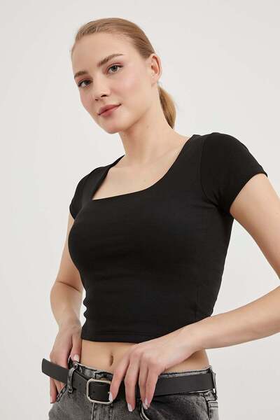 Arma Life Tricou negru de vară cu mânecă scurtă cu guler pătrat pentru femei