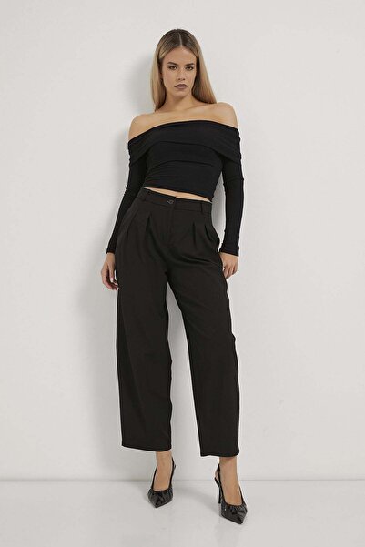 Arma Life Pantaloni negri cu picioare largi, cu pliuri duble, pentru femei