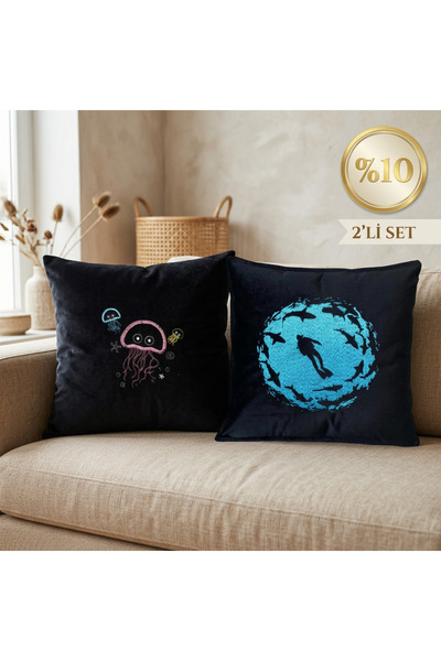 harmony factory Ocean Themed Velvet Cushion Cover Set of 2 - Embroidered Deco...
