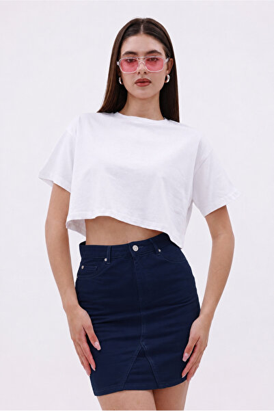 veira White Single Jersey Cotton Basic Women's Short Sleeve Crop T-Shirt