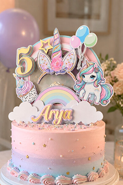 Unicorn Temalı Kız Çocuk Doğum Günü İsme Özel 3D Pasta Süsü Cake Topper (23x22cm)