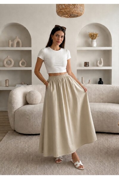 Gülmude Uzun Çift Cepli Poplin Beli Lastikli Etek Astarsız (90 CM)
