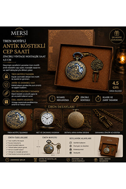 Mersi SHOP Antika Tren Tasarımlı Köstekli Cep Saati | Nostaljik Metal Zincirl...