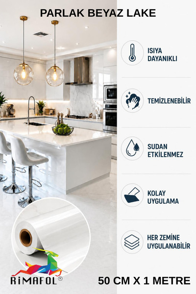 RİMAFOL PARLAK BEYAZ KENDİNDEN YAPIŞKANLI MUTFAK DOLAP TEZGAH VE MOBİLYA KAPL...
