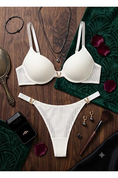 WOMEN'S WORLD FANTASY ÇİZGİLİ V DETAY PUSH UP SÜTYEN KÜLOT TAKİM