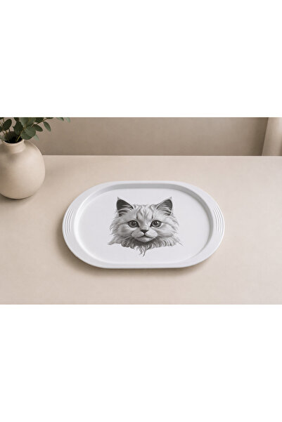 Zucci Home Kedi Desenli Dekoratif Oval Sunum ve Servis Tepsisi