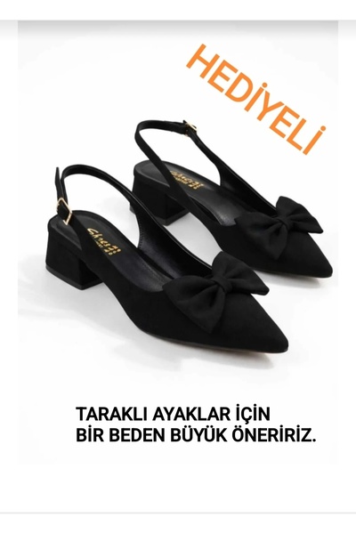 modarees Kadın Siyah Kısa Topuklu Fiyonklu Sivri Burun Arkası Açık Klasik Top...