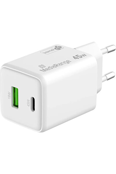 MediaRange GaN 1xUSB-A + 1x USB-C PD3.0 QC3.0 45W Alb