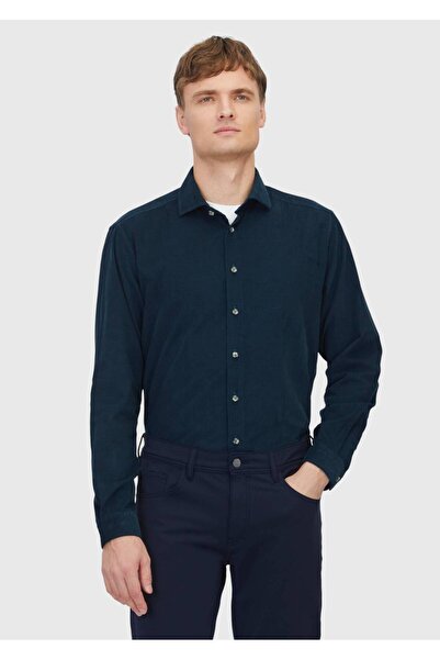 Ramsey Petrol Plain Long Woven Velvet Casual 100% Cotton Shirt