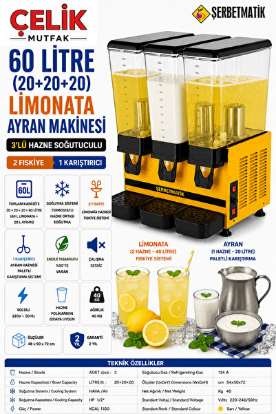 şerbetmatik Limonata Ayran Makinesi 60 L (3'lü) 2 Fıskiye + 1 Karıştırıcı Soğ...