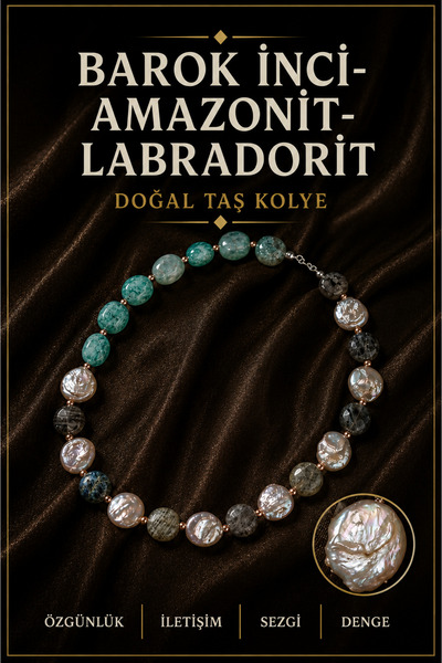 OSMANLI DEĞERLİ TAŞ Barok İnci-Amazonit-Labradorit Doğal Taş Gümüş Kolye