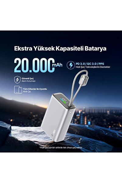 Ttec ReCharger Pro Max TFT 20.000mAh PD 45W USB-C ve Lightning Dahili Kablolu Taşınabilir Hızlı Şarj Aleti / Powerbank – 2BB281