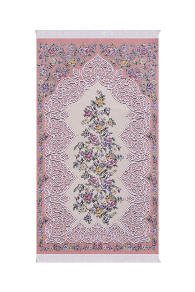 Bursa İpek Somon Floral Desen İpeksi Goblen Seccade