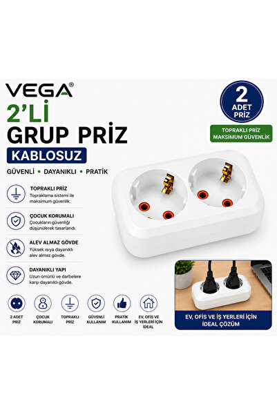 VEGA 2'li Kablosuz Grup Priz Topraklı Priz Çoğaltıcı Priz Grişi Yoktur Kablo ...