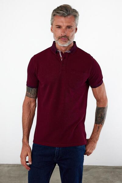 ENQUE Men's Basic Polo Neck Short Sleeve Pocket Solid Burgundy T-Shirt