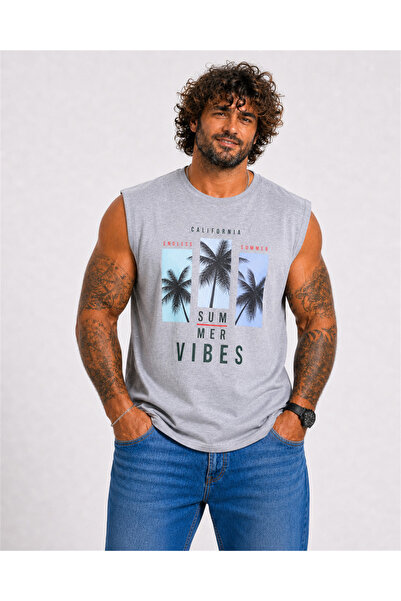 Starbattal تي شيرت بدون أكمام مطبوع بمقاس كبير Summer Vıbes 26125 GRAY MELANGE