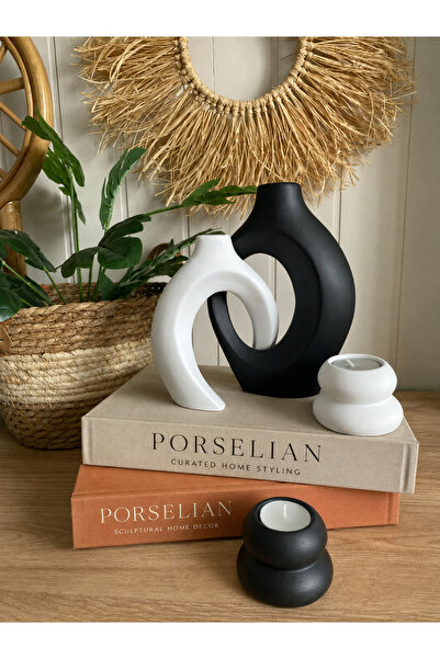Porselian Sarmaşık Vazo ve Mumluk 4lü Set