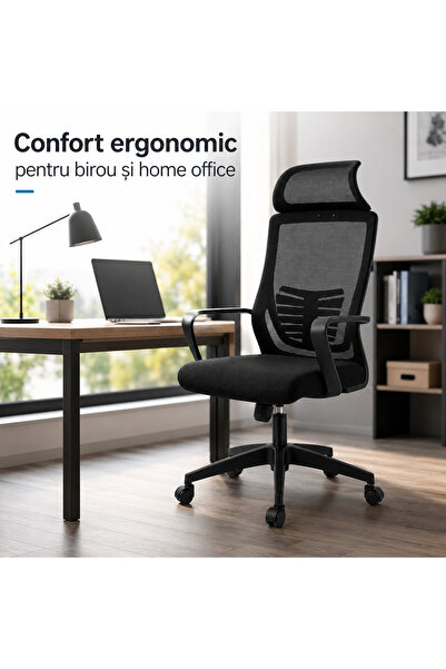 ROHS Scaun de birou și gaming ergonomic reglabil, negru închis, tetieră 2D, m...