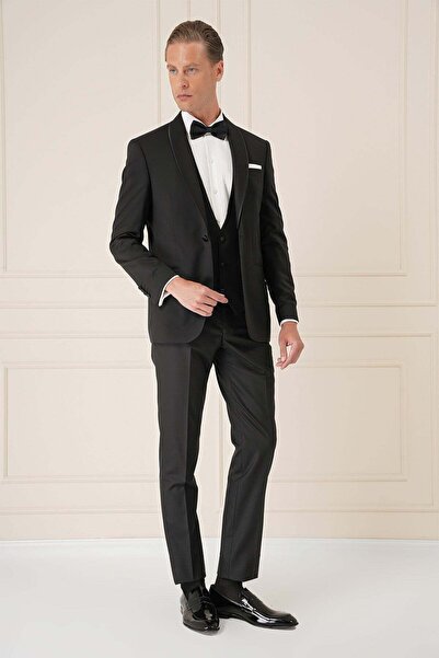 Efor Slim Fit Çıkarılabilir Saten Yaka Cerutti Kumaş Yelekli Siyah Damatlık S...