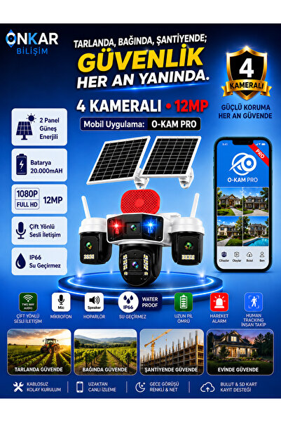 Onkar Bilişim OKAM PRO PREMİUM 4G-336 4 KAMERALI 7/24 KAYIT SİM KARTLI GÜNEŞ ...