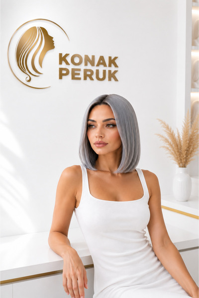 KONAK PERUK Fiber Sentetik Peruk Perçemsiz Kısa Düz - Gri