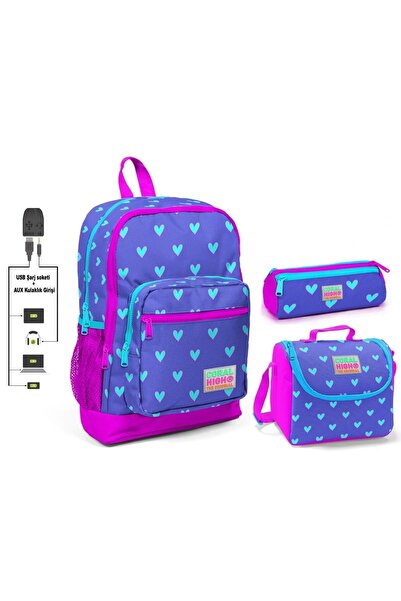 Coral High Kalp Baskılı Kız Çocuk Ilkokul Çanta Seti - Usb Çıkışlı