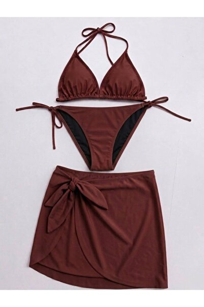 VAJESTO Women's Brown 3-Piece Triangle Bikini Set with Halter Neck, Drawstrin...
