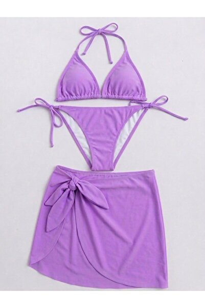 VAJESTO Women's Lilac 3-Piece Triangle Bikini Set with Halter Neck, Drawstrin...