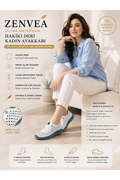 Zenvea Hakiki Deri Ultra Ortopedik Kadın Ayakkabı Nefes Alan Rahat Günlük Esn...