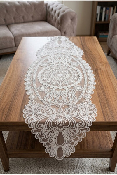 cacao home Fransız Dantelli Örme Tabanlı Tek Runner Masa Örtüsü 35x110 Cm Mas...