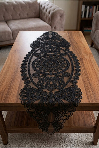 cacao home Fransız Dantelli Örme Tabanlı Tek Runner Masa Örtüsü 35x110 Cm Mas...
