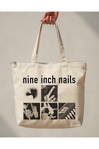 buzagi tasarım ürünleri Nine Inch Nails Zippered Lined Gusseted Canvas Bag 35...