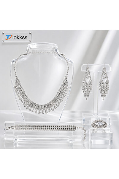 Tiokkss Women 5-Piece Rhinestone Jewelry Set, Sparkly Crystal-Look Necklace E...