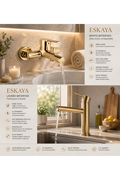 ESHOME Eskaya 2 li Set Gold Renk Lüx Gövde Banyo Ve Kartal Banyo Lavabo Muslu...