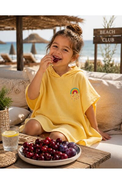 Be'Calm Organik %100 Pamuk Müslin - Nakışlı Uniseks Bebek / Çocuk Panço - Cep...